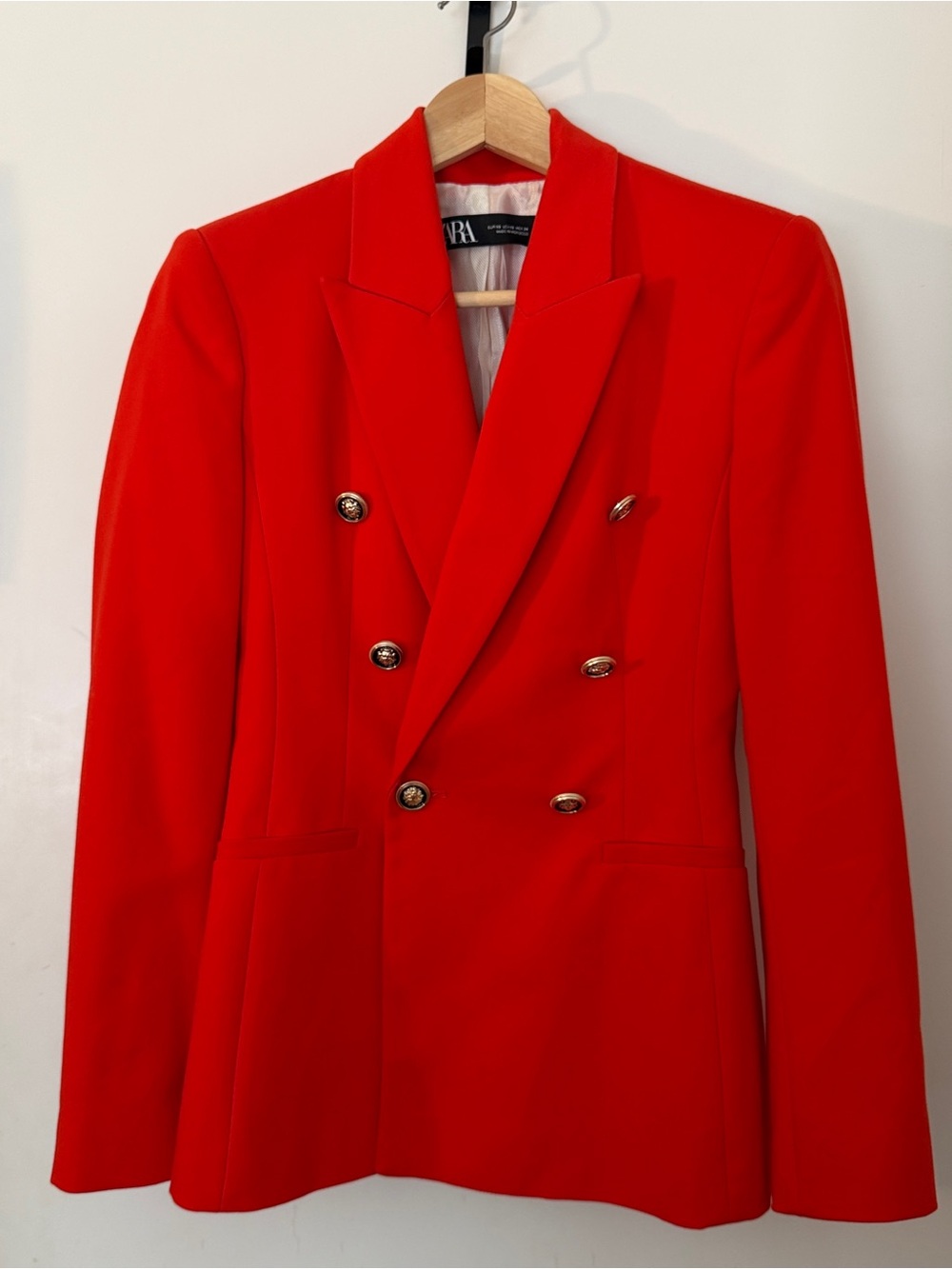 Zara Vibrant Double Breasted Burnt Orange Blazer with gold buttons
